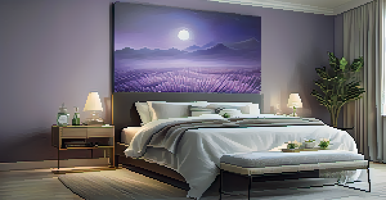 An elegant bedroom with an aromatherapy diffuser releasing lavender oil, creating a relaxing atmosphere.