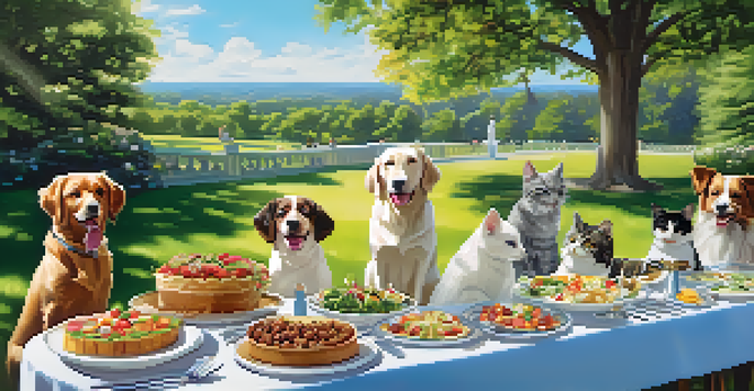 An outdoor gourmet pet catering event with pets enjoying meals at a decorated table in a sunny park.