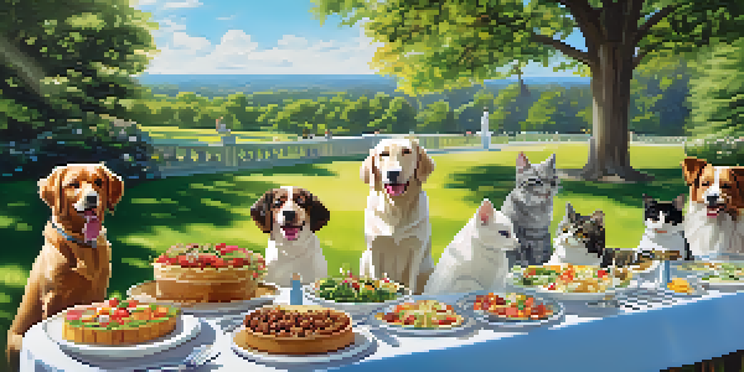 An outdoor gourmet pet catering event with pets enjoying meals at a decorated table in a sunny park.