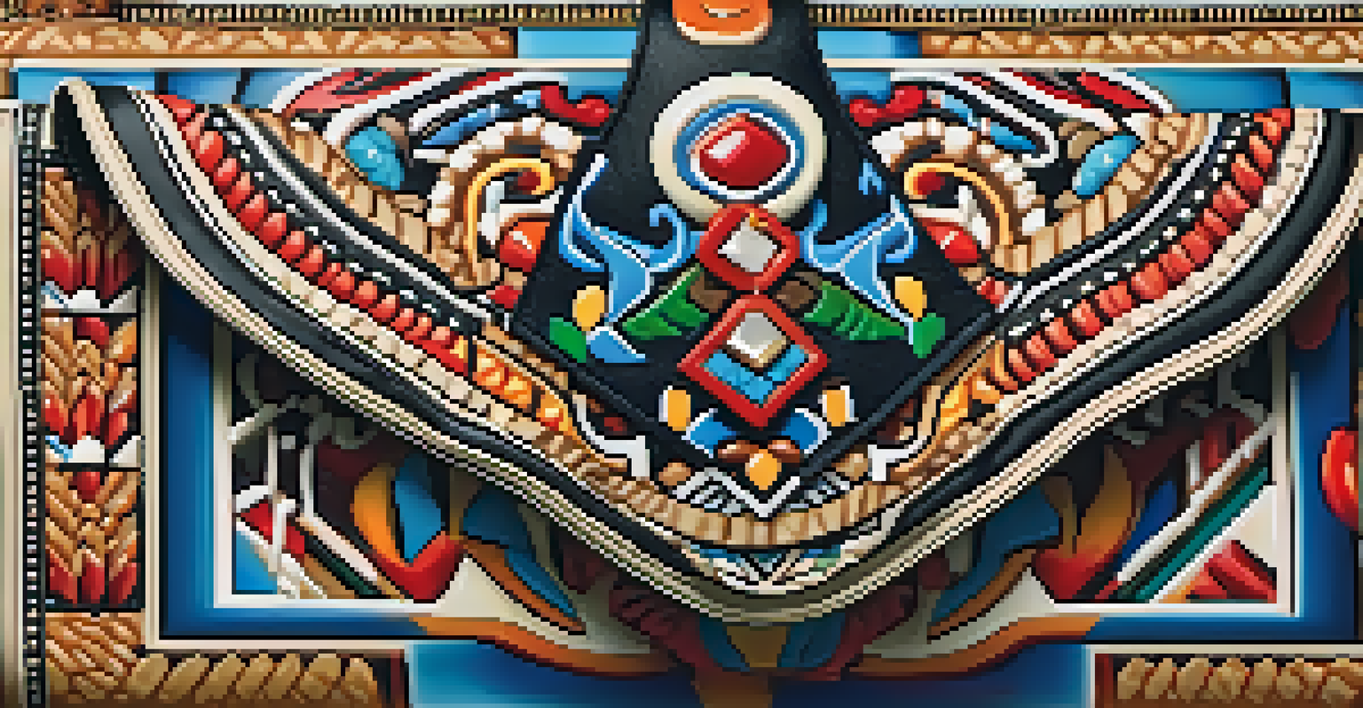 A close-up of a luxury handbag with traditional indigenous motifs, displayed against a neutral background with soft lighting that emphasizes its intricate details.