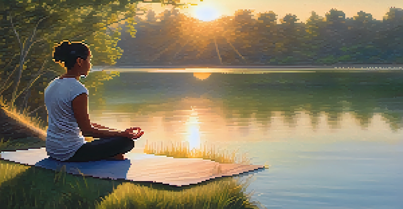 A person meditating by a lake at sunrise, surrounded by greenery, embodying mindfulness.