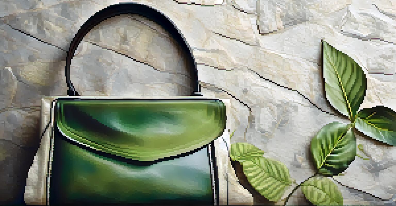 A close-up of a luxury handbag made from recycled materials with eco-friendly tags, resting on a stone surface.