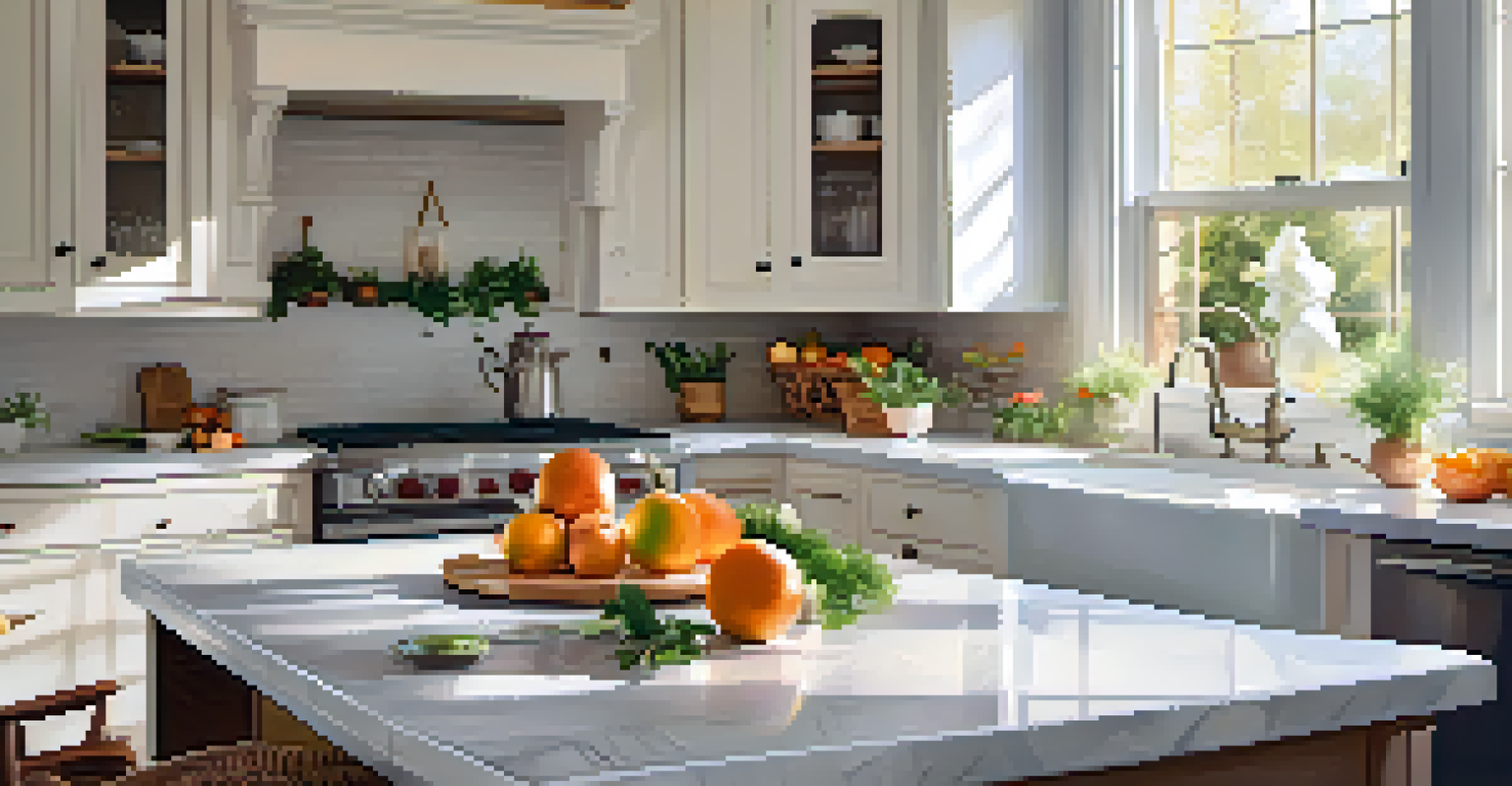 A bright kitchen with a grapefruit candle on the countertop surrounded by fresh fruits and sunlight.