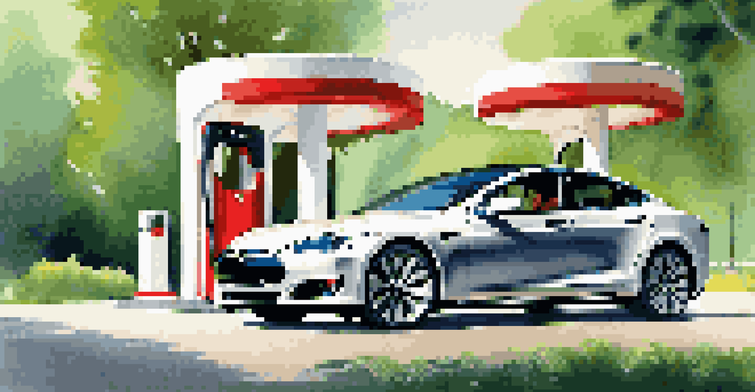 A Tesla Model S charging at a supercharger station in a green landscape.