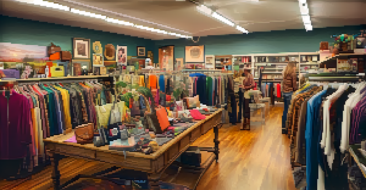 Interior of a thrift store with racks of vintage clothing and upcycled fashion items, filled with shoppers.