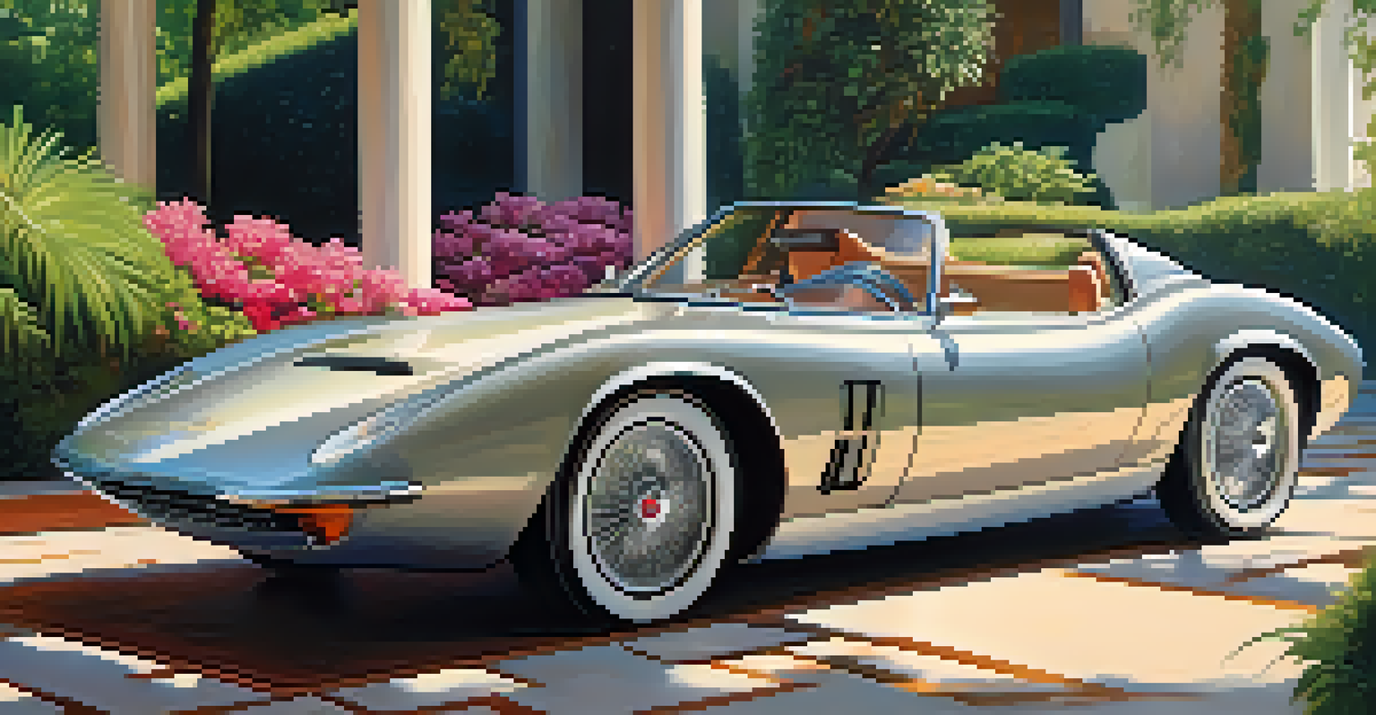 A high-end sports car parked in front of a modern villa with a pool and greenery.