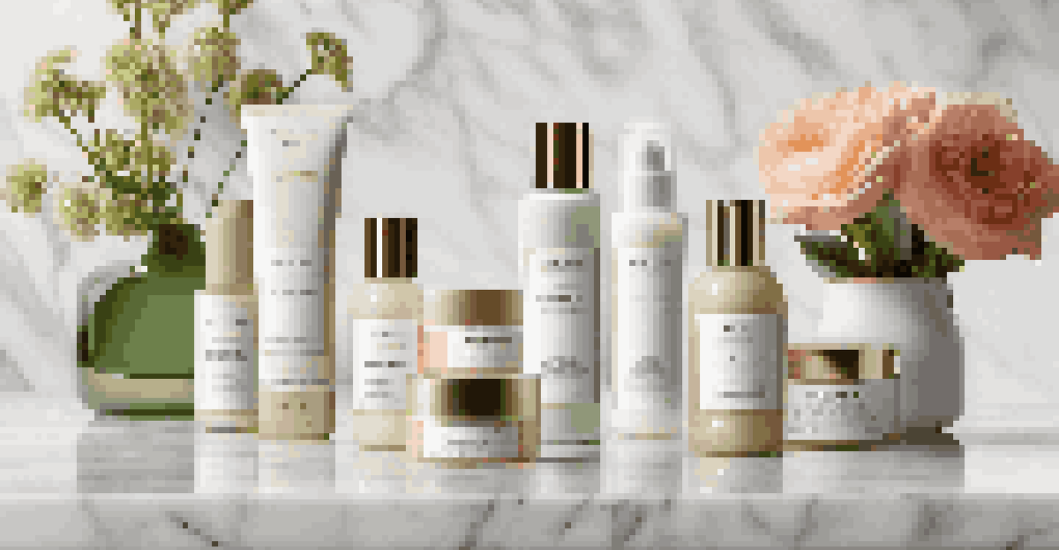 Luxury body care products in eco-friendly packaging displayed on a marble countertop with flowers and greenery around them.