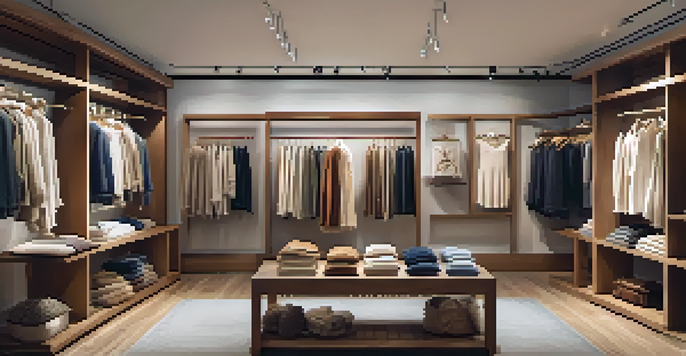 A boutique displaying sustainable luxury clothing with certifications, illuminated by warm natural light.