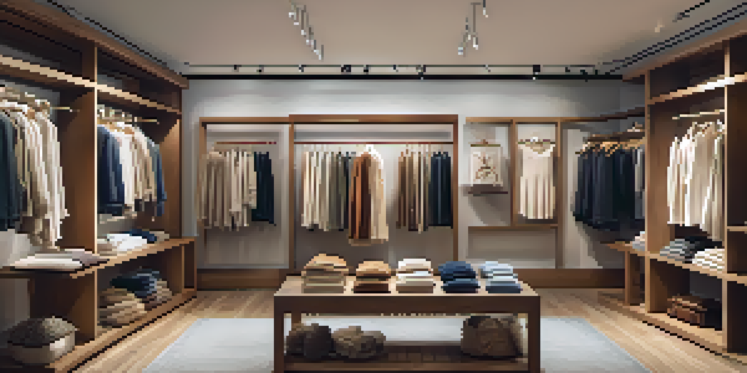 A boutique displaying sustainable luxury clothing with certifications, illuminated by warm natural light.
