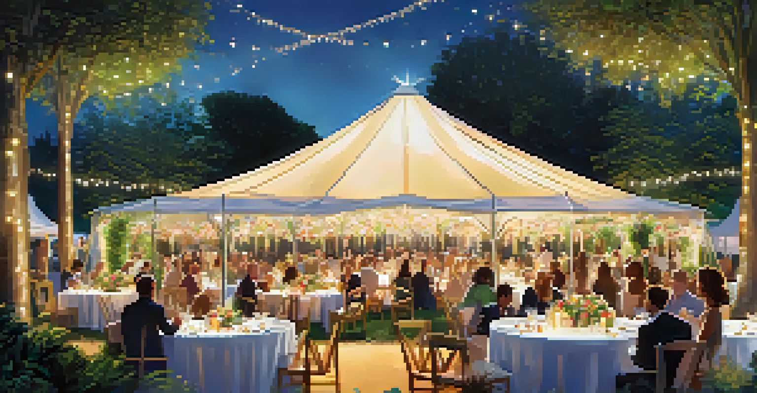 An outdoor charity event by a luxury brand with elegant tables, colorful banners, and a festive atmosphere.