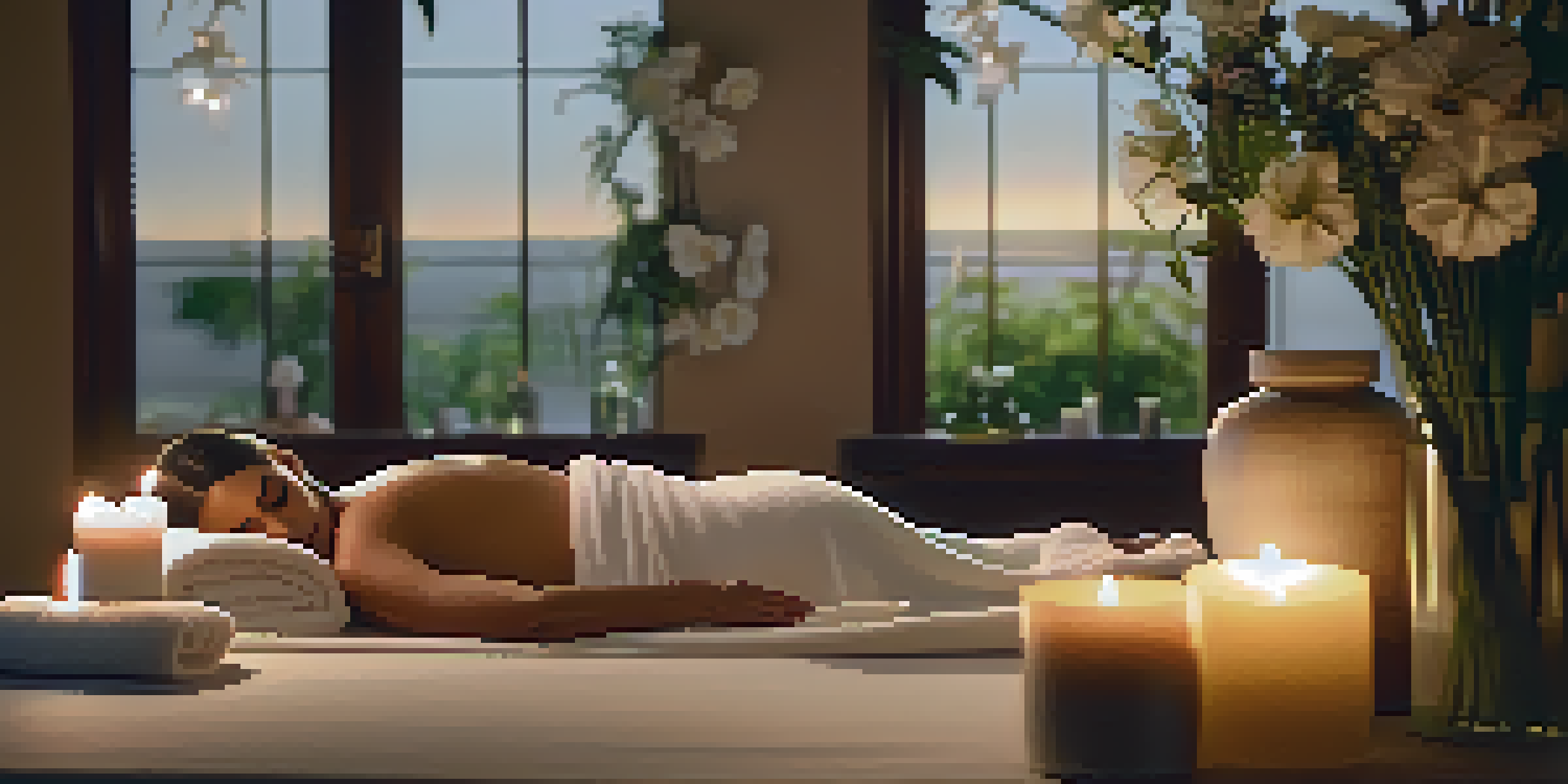 A woman in a plush robe relaxing on a massage table in a serene spa environment with soft lighting and aromatic candles.