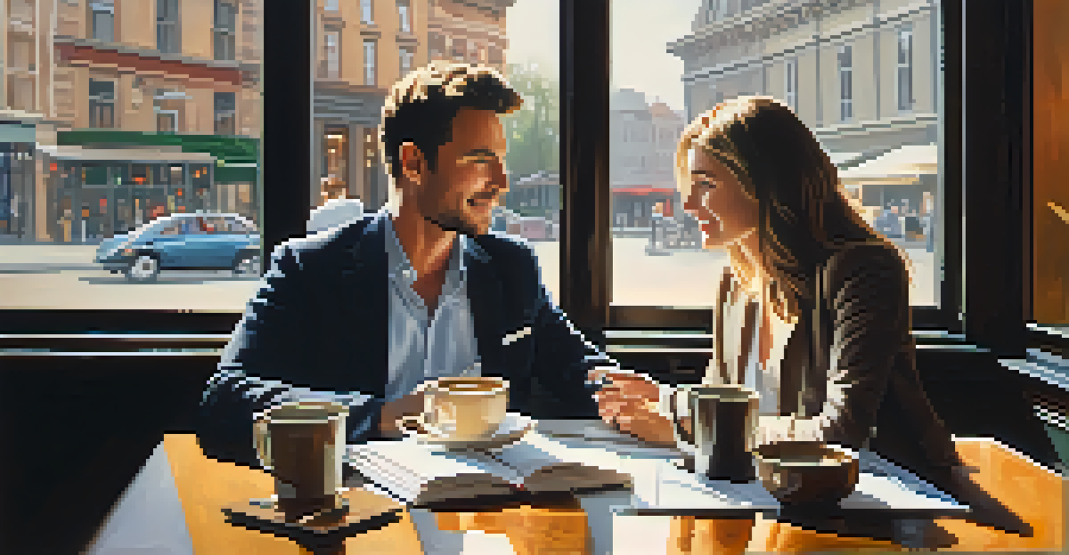 Two professionals having a coffee meeting in a cozy cafe, surrounded by natural light and networking materials.