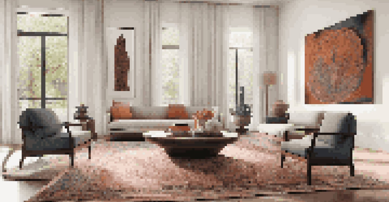 A cozy living room featuring a Persian rug and contemporary furniture, illuminated by natural light and showcasing an indigenous sculpture.