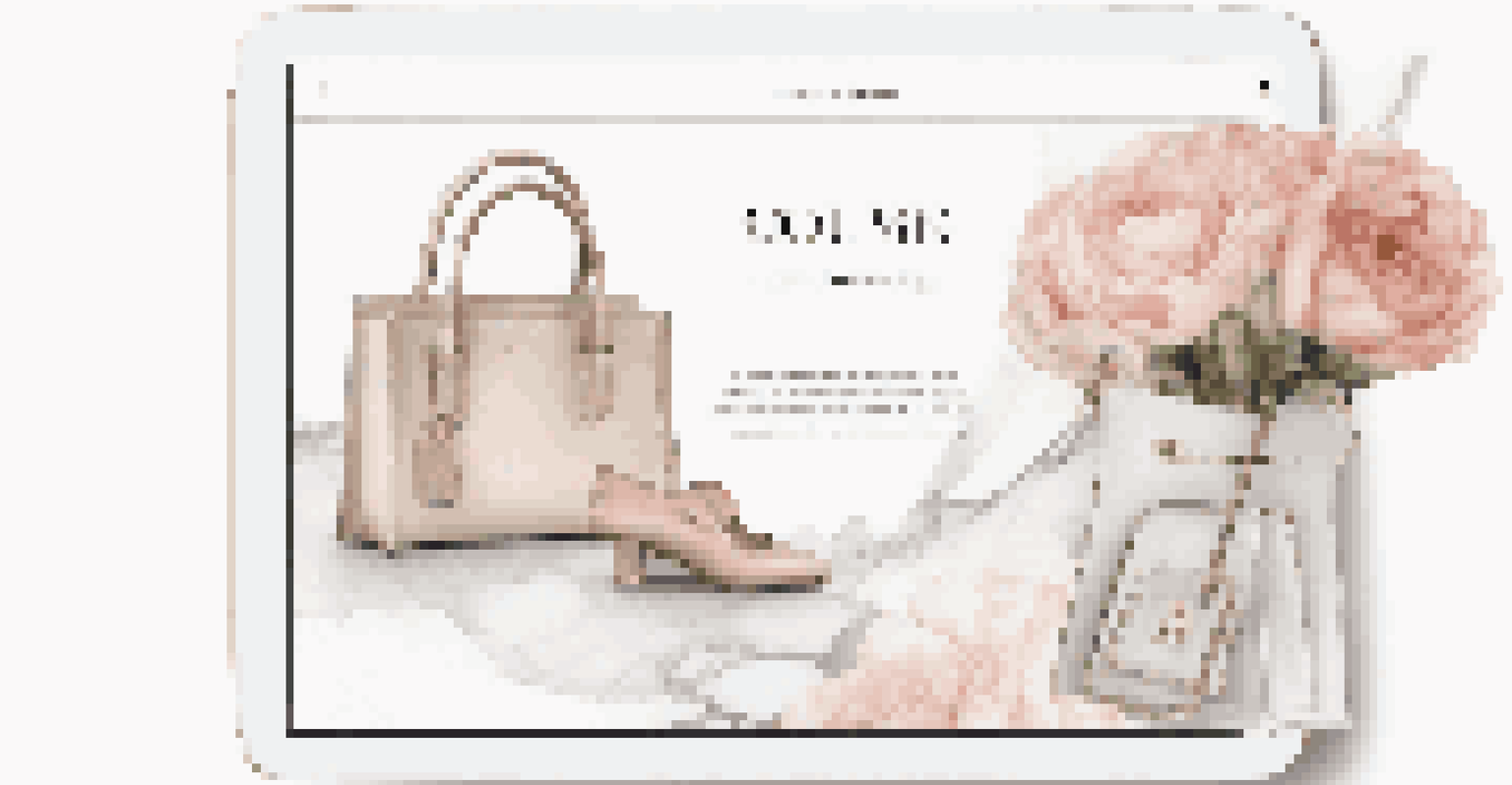 A tablet displaying a luxury handbag on an elegant e-commerce website interface.