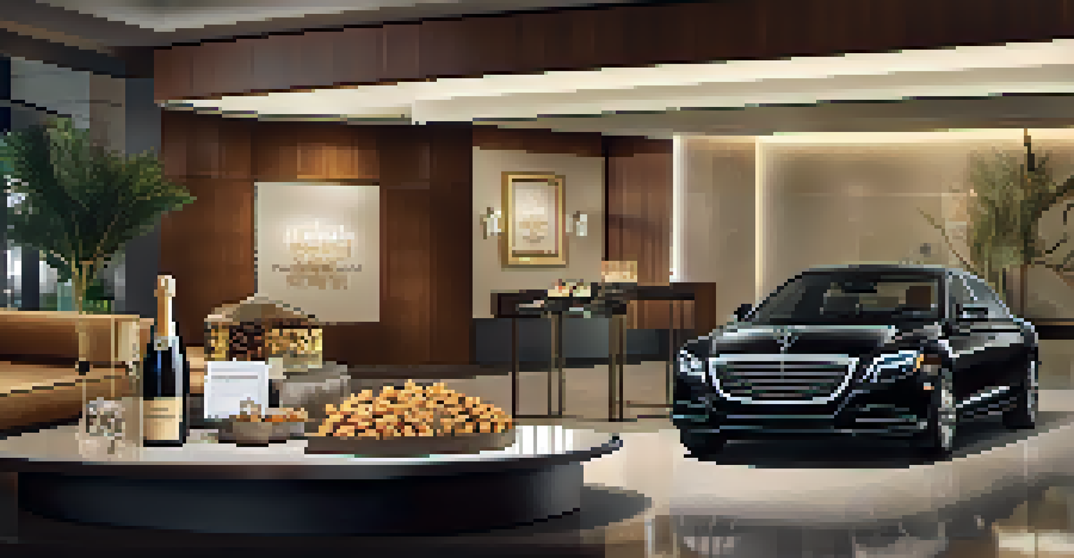 A concierge service setup with a welcome package and luxury car in an upscale rental office.