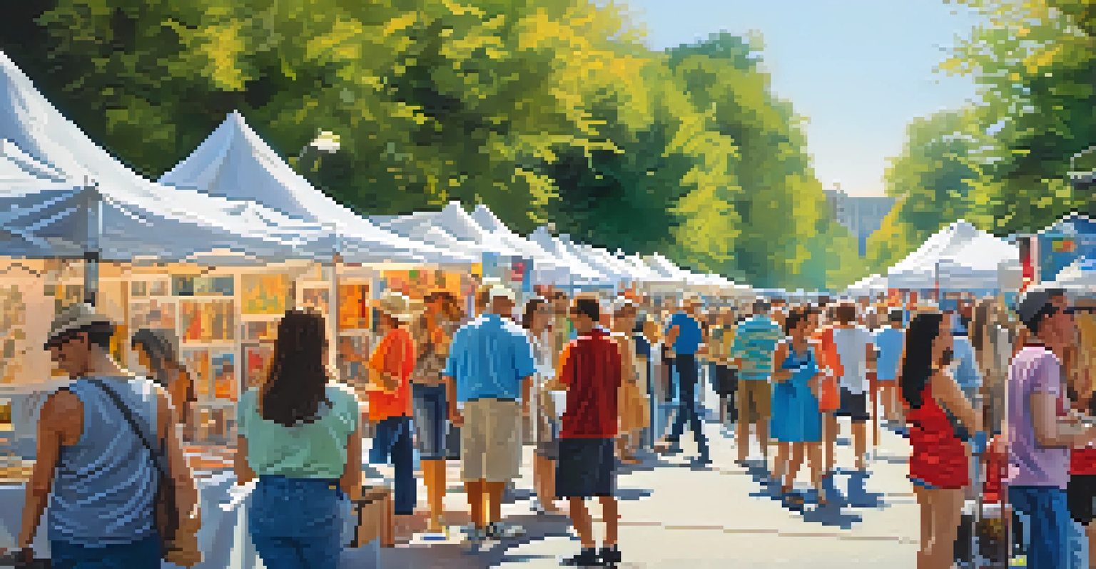 A lively outdoor art fair with artists showcasing their works at colorful booths, surrounded by visitors enjoying the vibrant atmosphere.