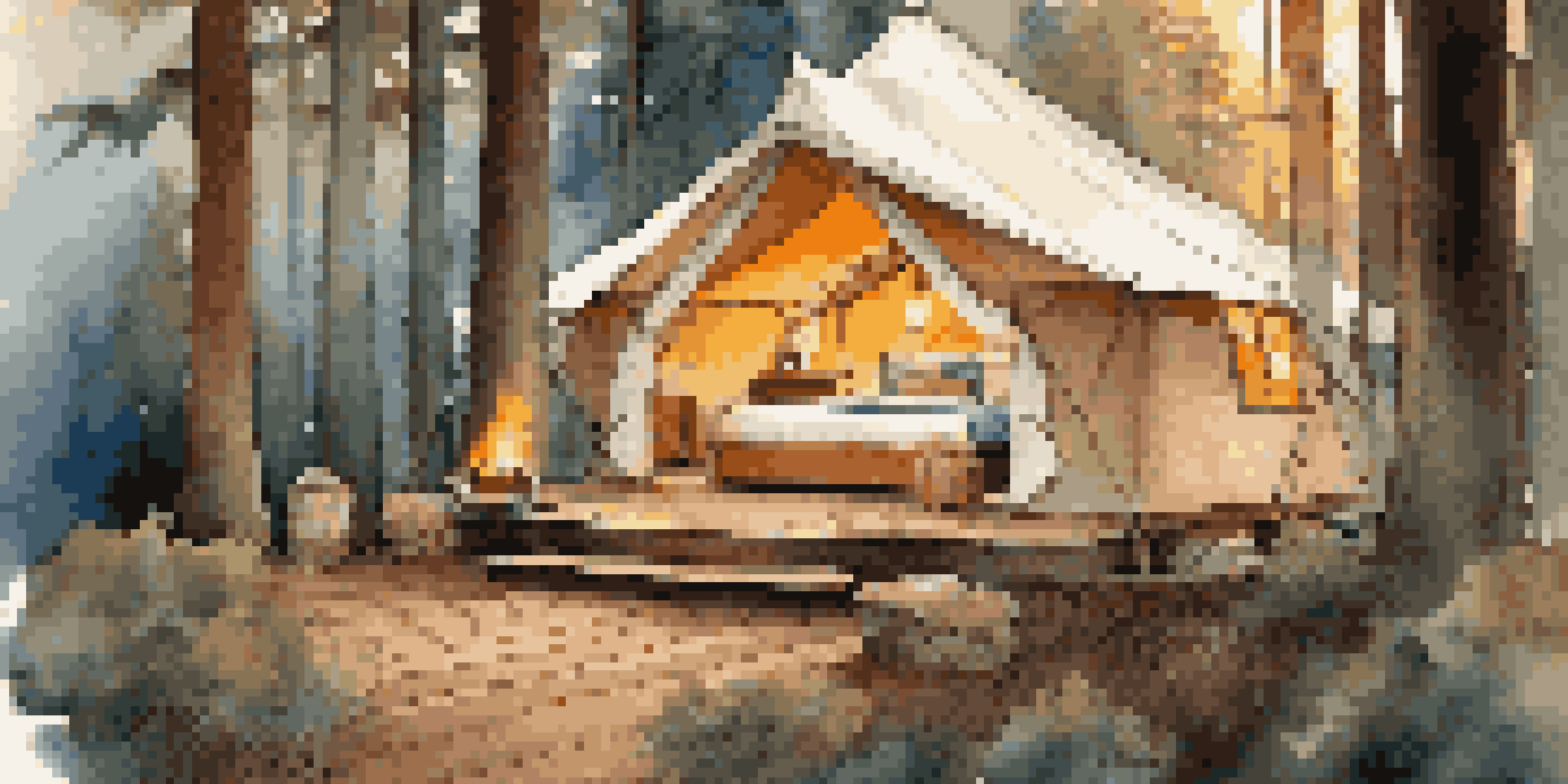 A luxurious glamping tent in a forest, featuring a cozy bed, a hot tub, and a fire pit, all illuminated by sunset light.