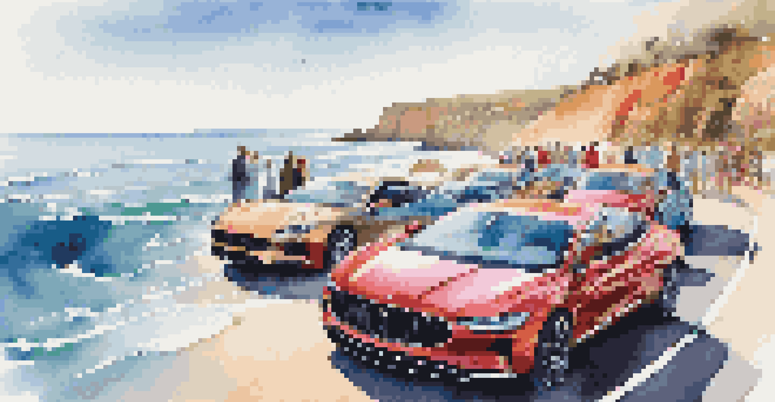 A lively driving event with various luxury cars on a beautiful coastal road, highlighting the vibrant colors and scenic backdrop.