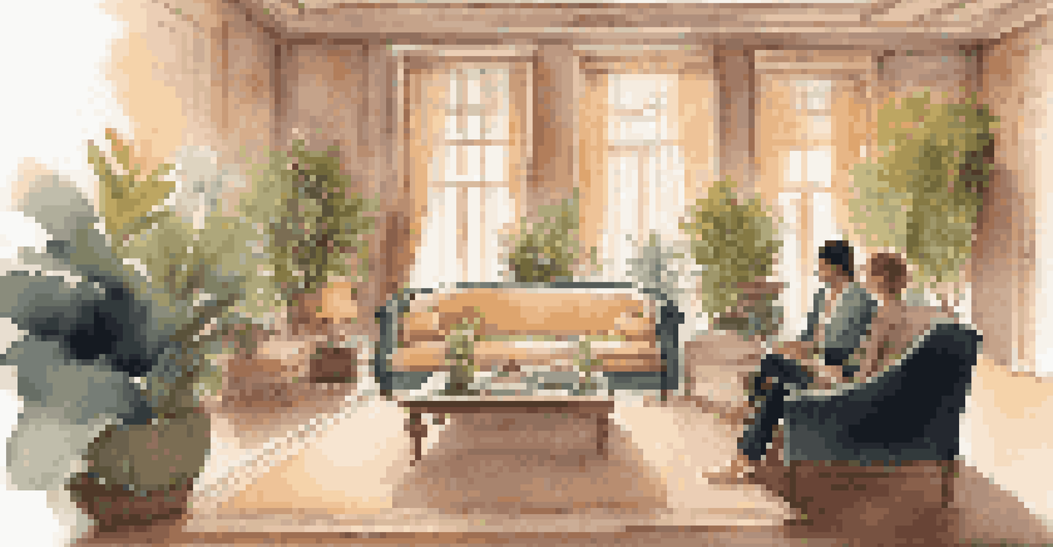 An intimate coaching session between a couple and their coach in a luxurious, warmly lit indoor space, promoting emotional safety.