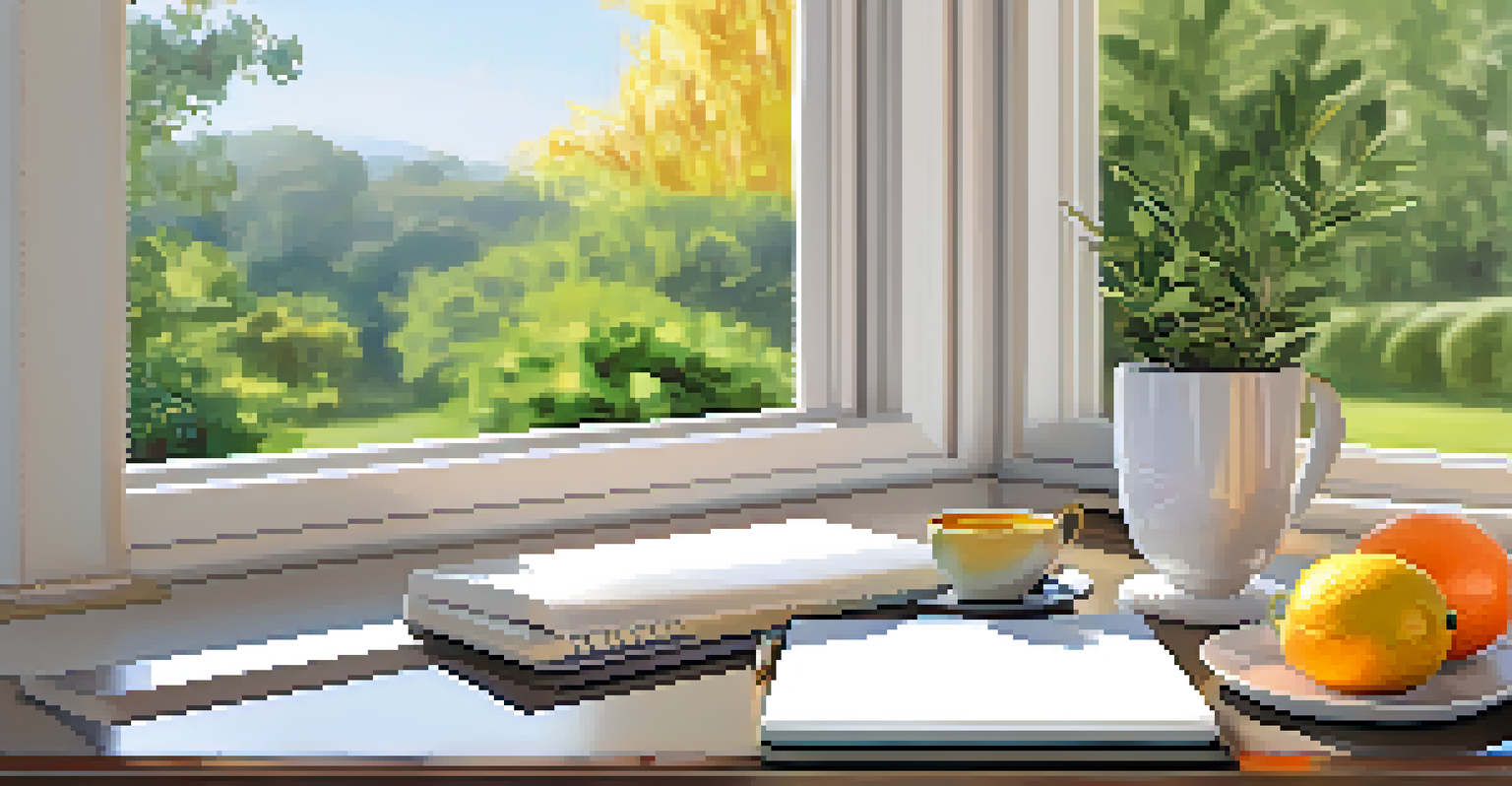 A bright workspace with a smart diffuser, citrus scents, and a view of a garden.