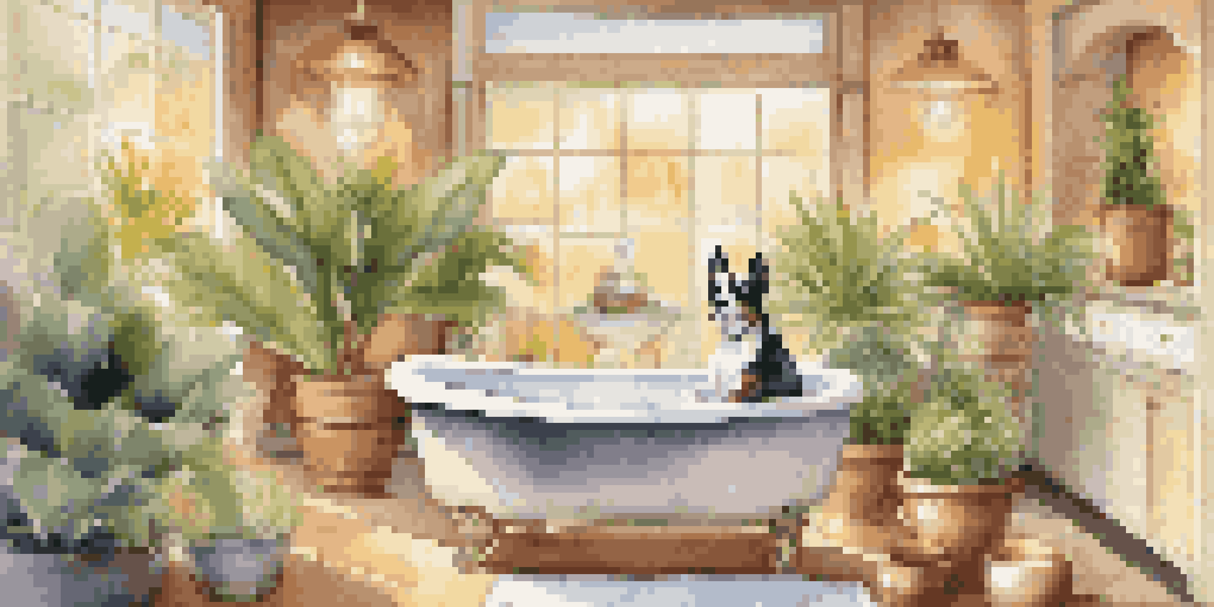 A small dog relaxing in a bubble bath at a luxurious pet spa with warm lighting and elegant decor.