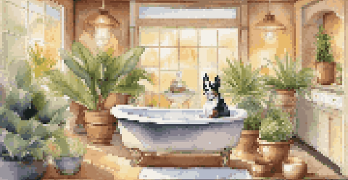 A small dog relaxing in a bubble bath at a luxurious pet spa with warm lighting and elegant decor.