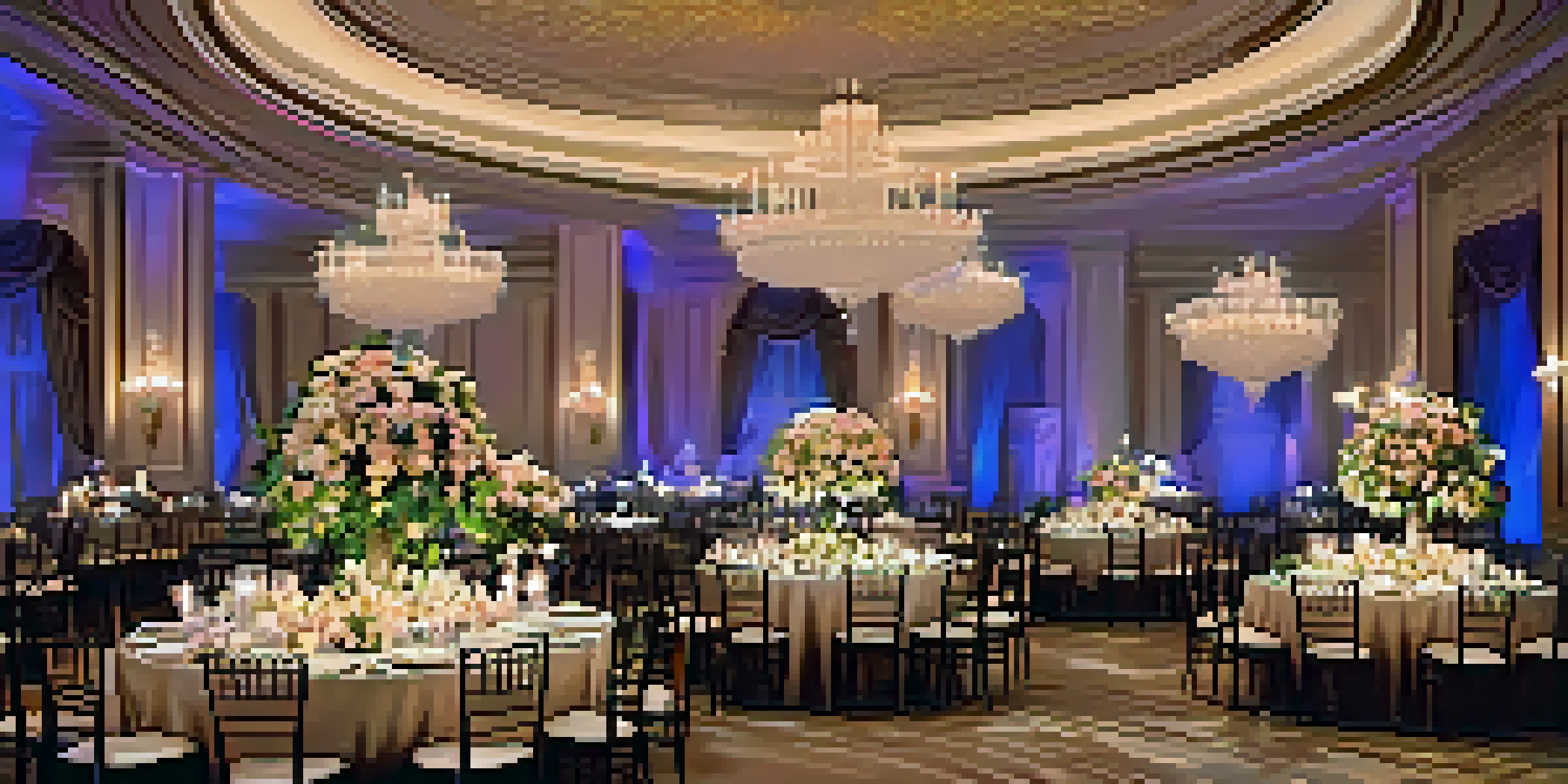 A grand ballroom filled with elegantly dressed guests, crystal chandeliers, and beautifully set tables.