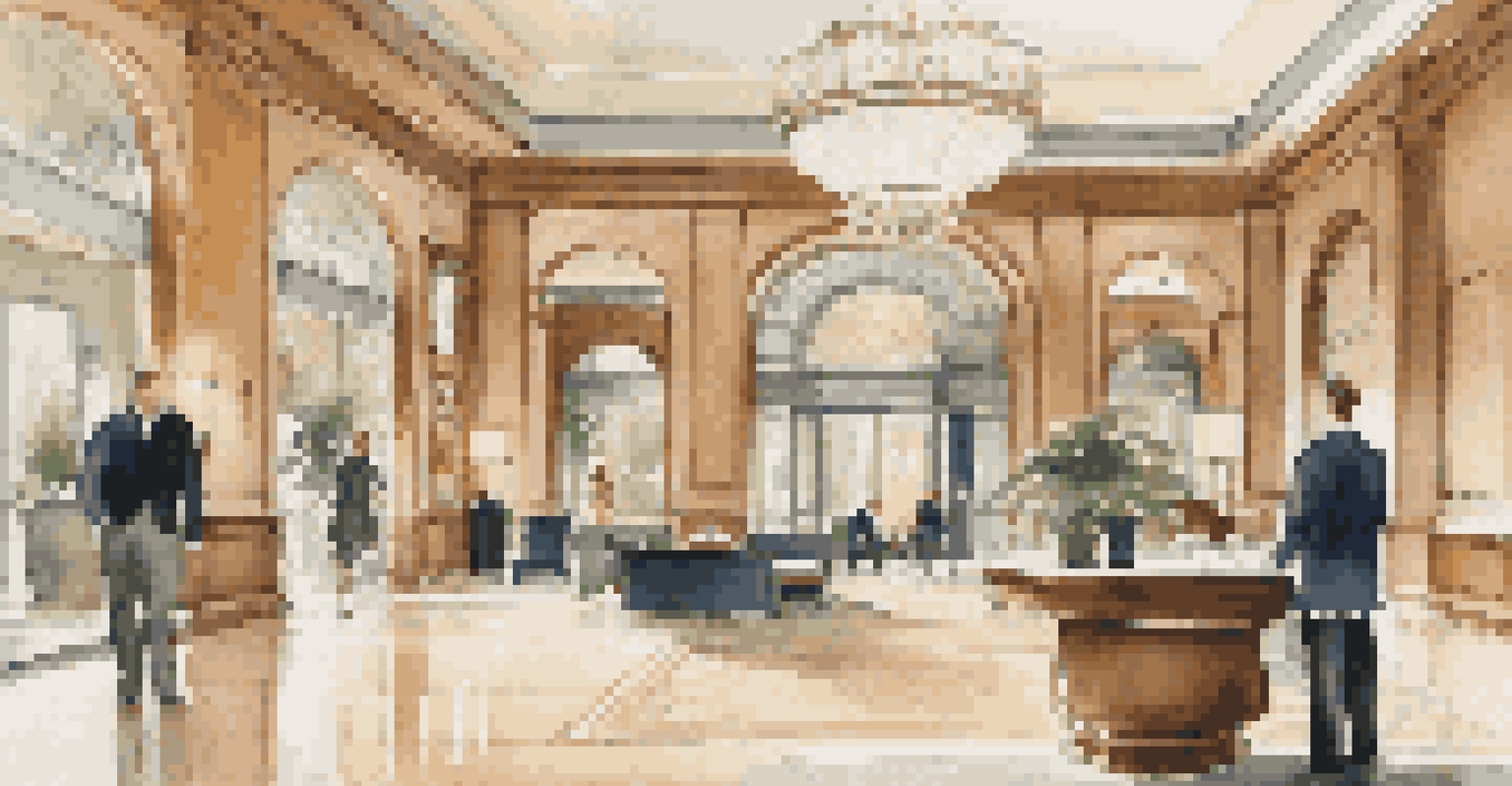 A luxurious hotel lobby with elegant decor, plush seating, and a traveler checking in at the reception desk.