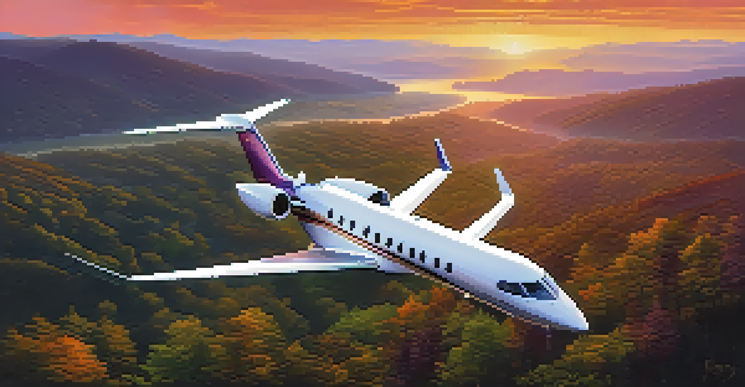 A private jet flying over a beautiful landscape at sunset with vibrant colors in the sky.