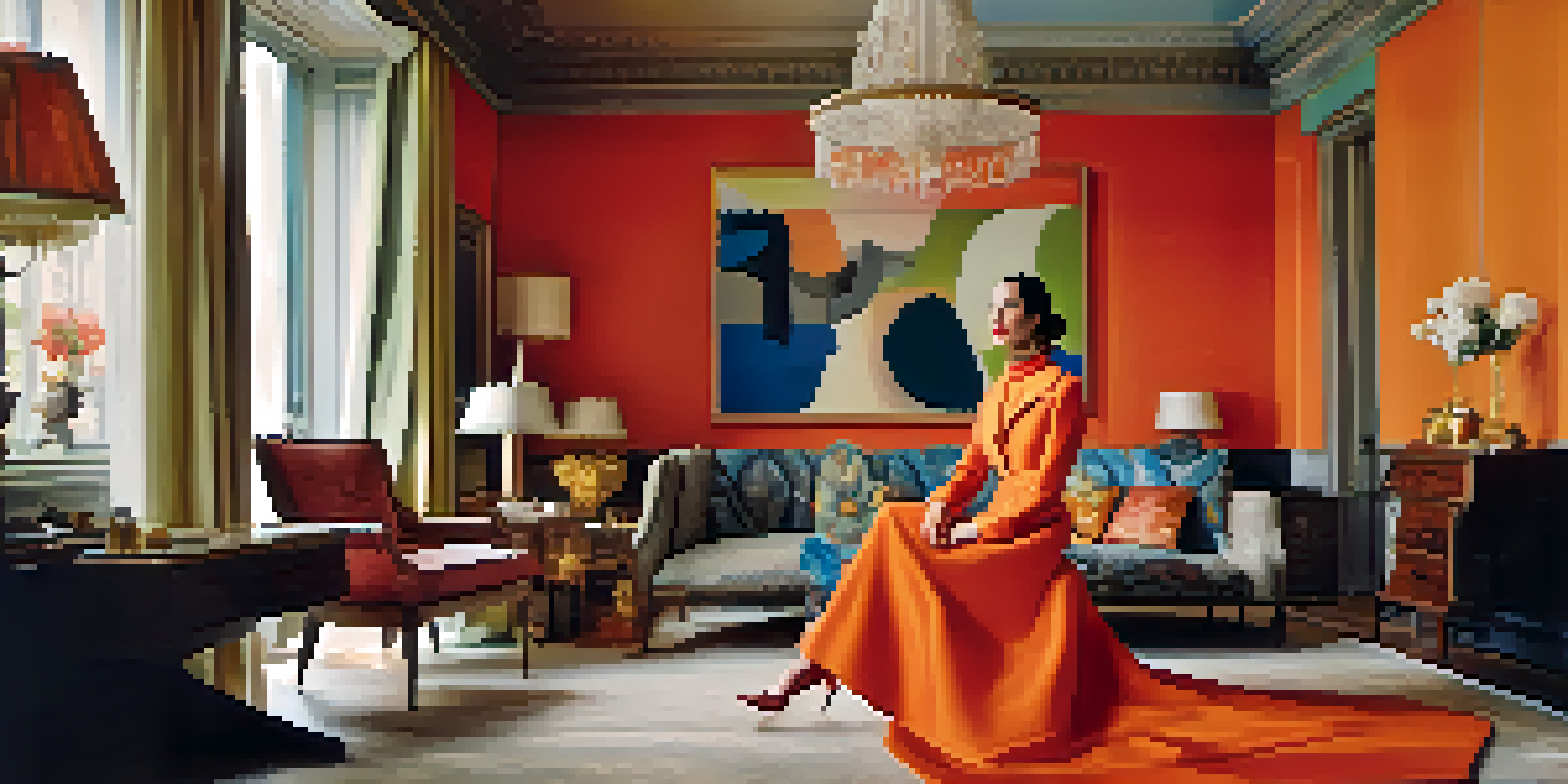 A vintage fashion editorial featuring a model in a vibrant 1960s outfit, set in a luxurious Parisian apartment with eclectic art and textiles.