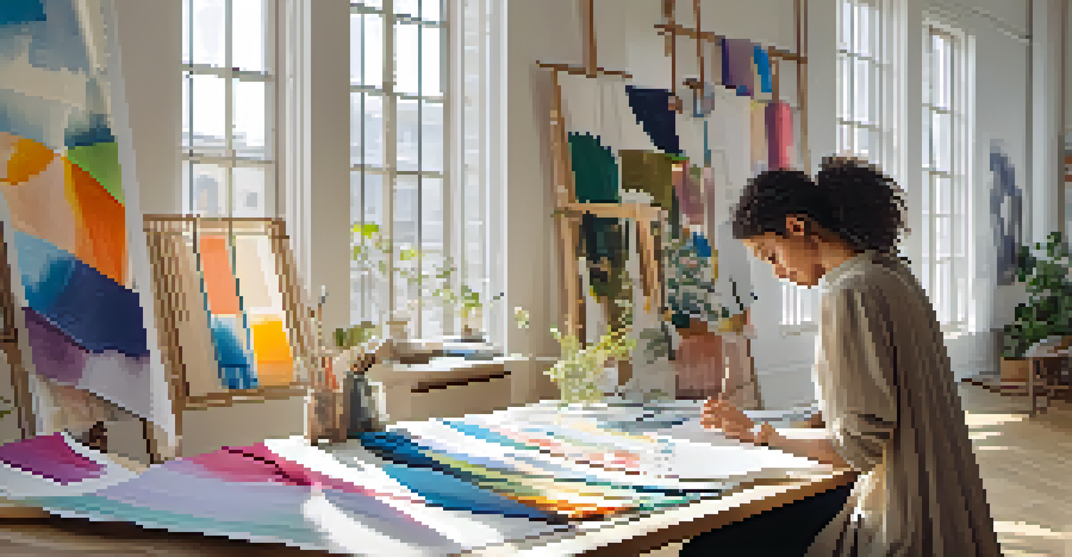 A fashion designer working on a sustainable clothing collection in a bright studio filled with fabric swatches.