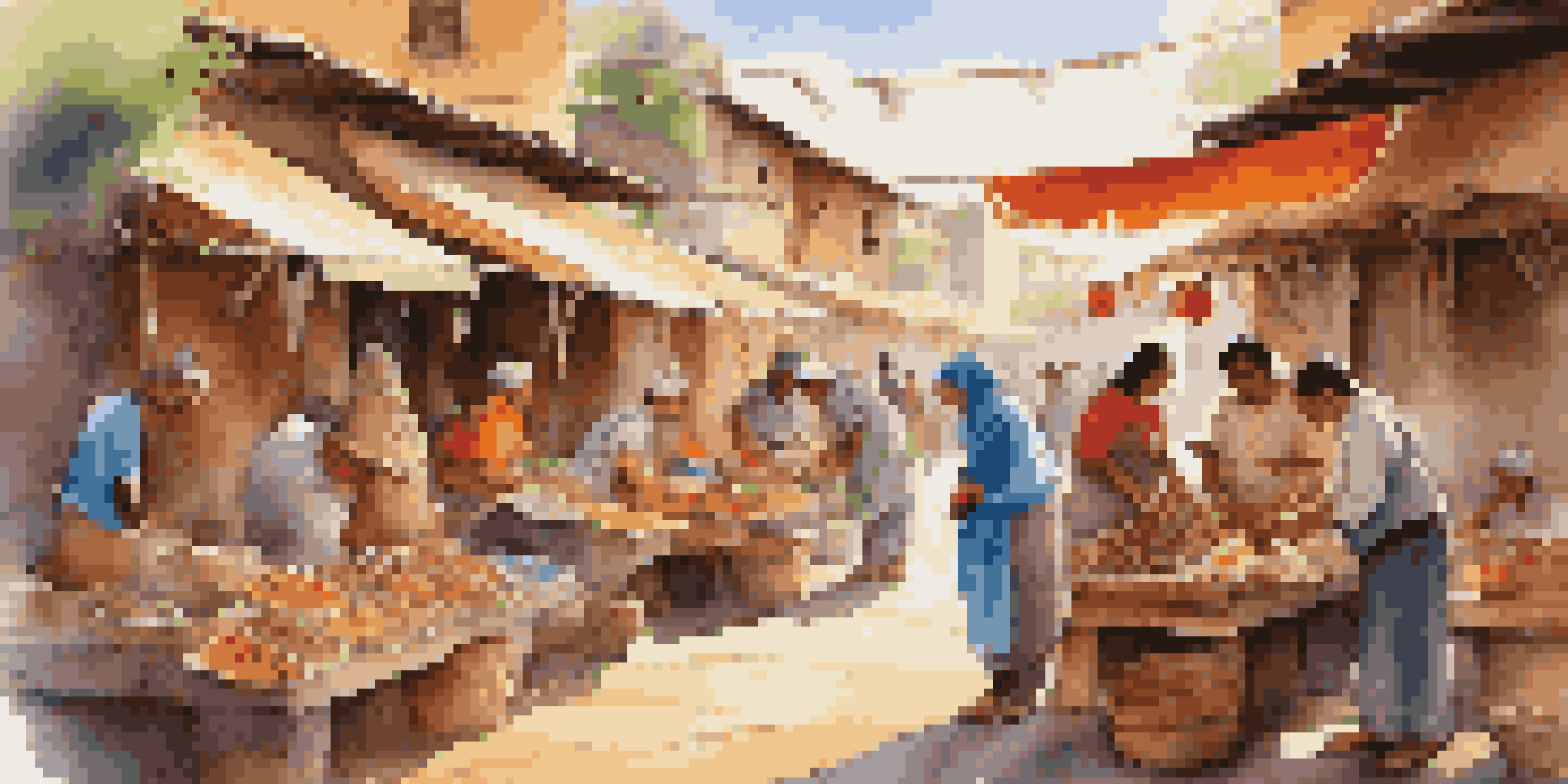 A lively marketplace filled with artisans creating traditional crafts and selling colorful handmade goods, under warm natural sunlight.