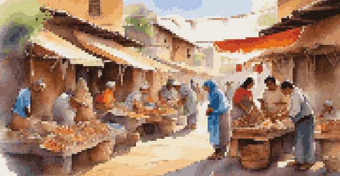 A lively marketplace filled with artisans creating traditional crafts and selling colorful handmade goods, under warm natural sunlight.