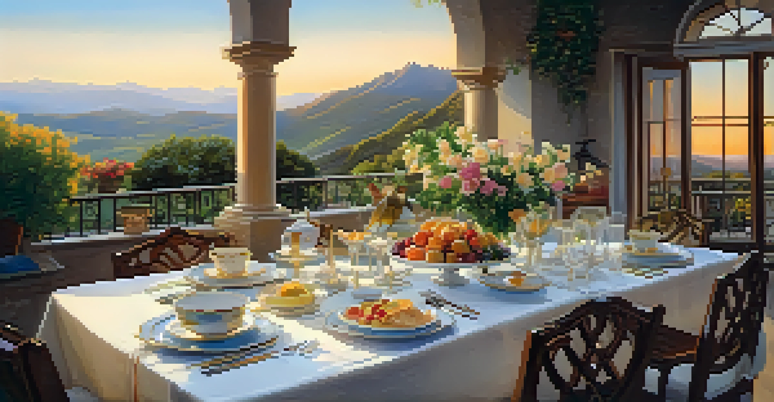 An elegantly arranged dining table on a terrace with gourmet dishes and a scenic landscape in the background during sunset.
