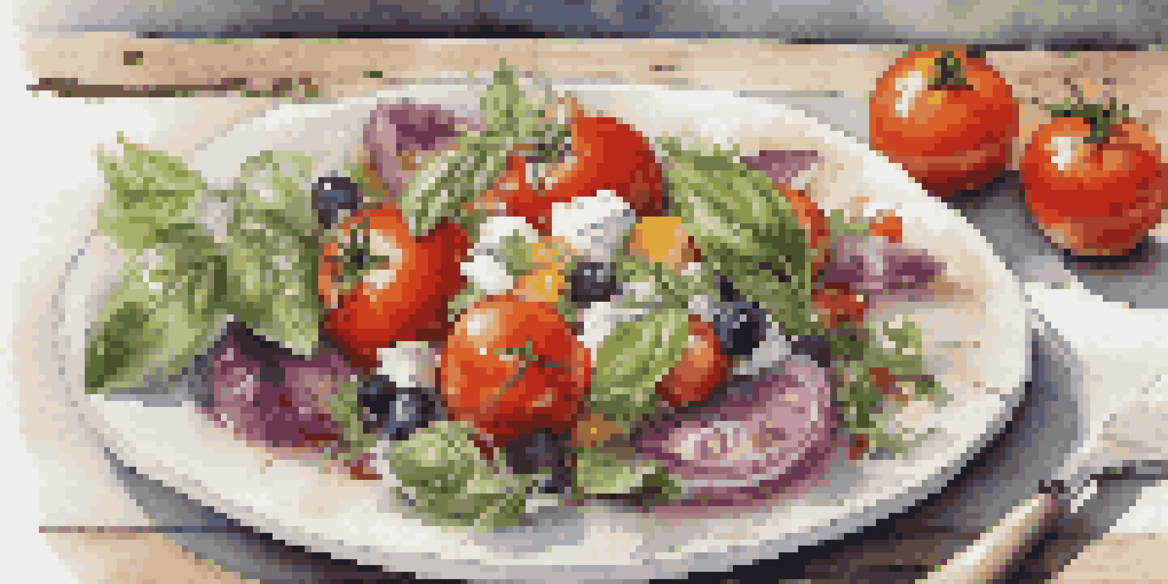 A colorful salad with summer tomatoes, basil, and goat cheese presented on a white plate, set on a rustic wooden table with natural lighting.