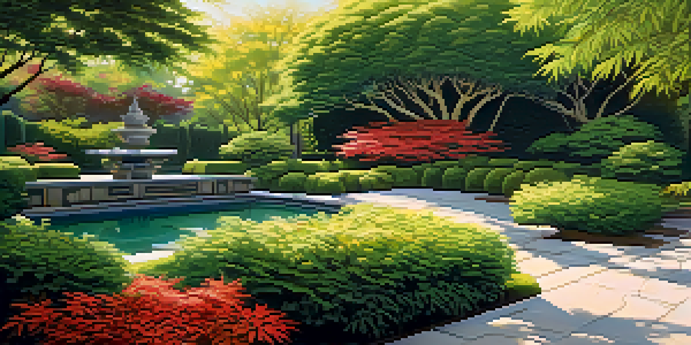 A landscaped garden showcasing luxury plants, including a White Bird of Paradise and a Japanese Maple, illuminated by soft sunlight with a stone path.