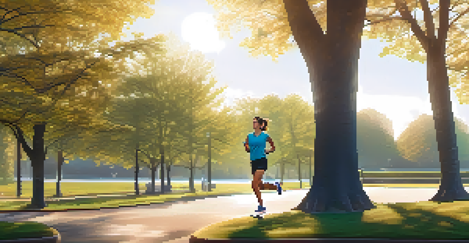 A person jogging in a park, wearing a smartwatch that shows running metrics.