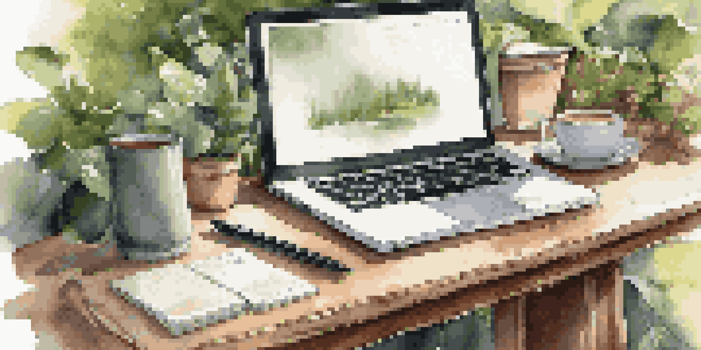 A peaceful outdoor workspace with a wooden desk, laptop, coffee cup, and notebook, surrounded by greenery.