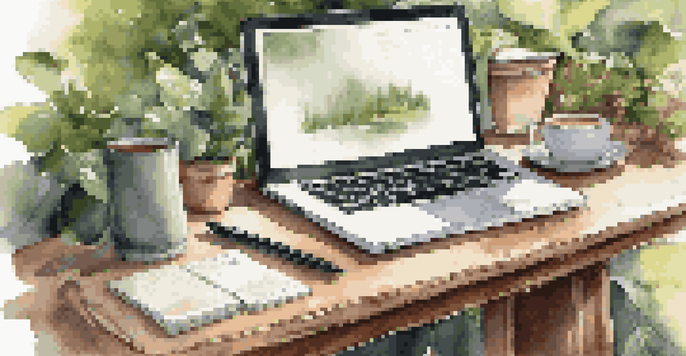 A peaceful outdoor workspace with a wooden desk, laptop, coffee cup, and notebook, surrounded by greenery.