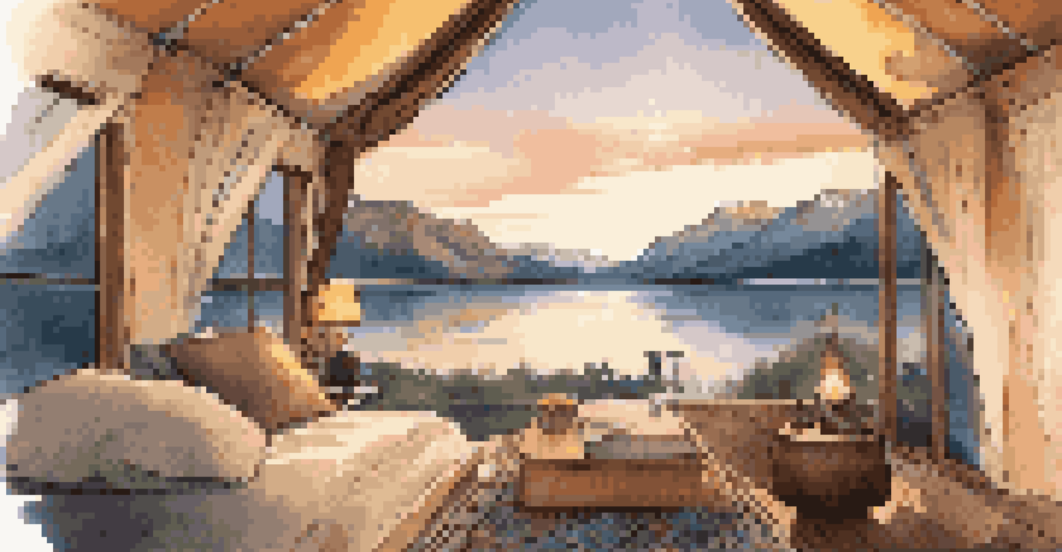 A luxurious glamping tent with a king-sized bed and gourmet food set in a beautiful landscape at sunset.