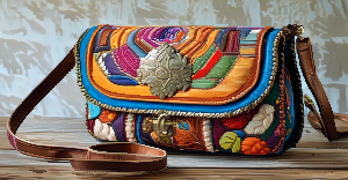 A close-up of a handbag made from upcycled materials, featuring vibrant colors and intricate details, placed on a rustic wooden table.