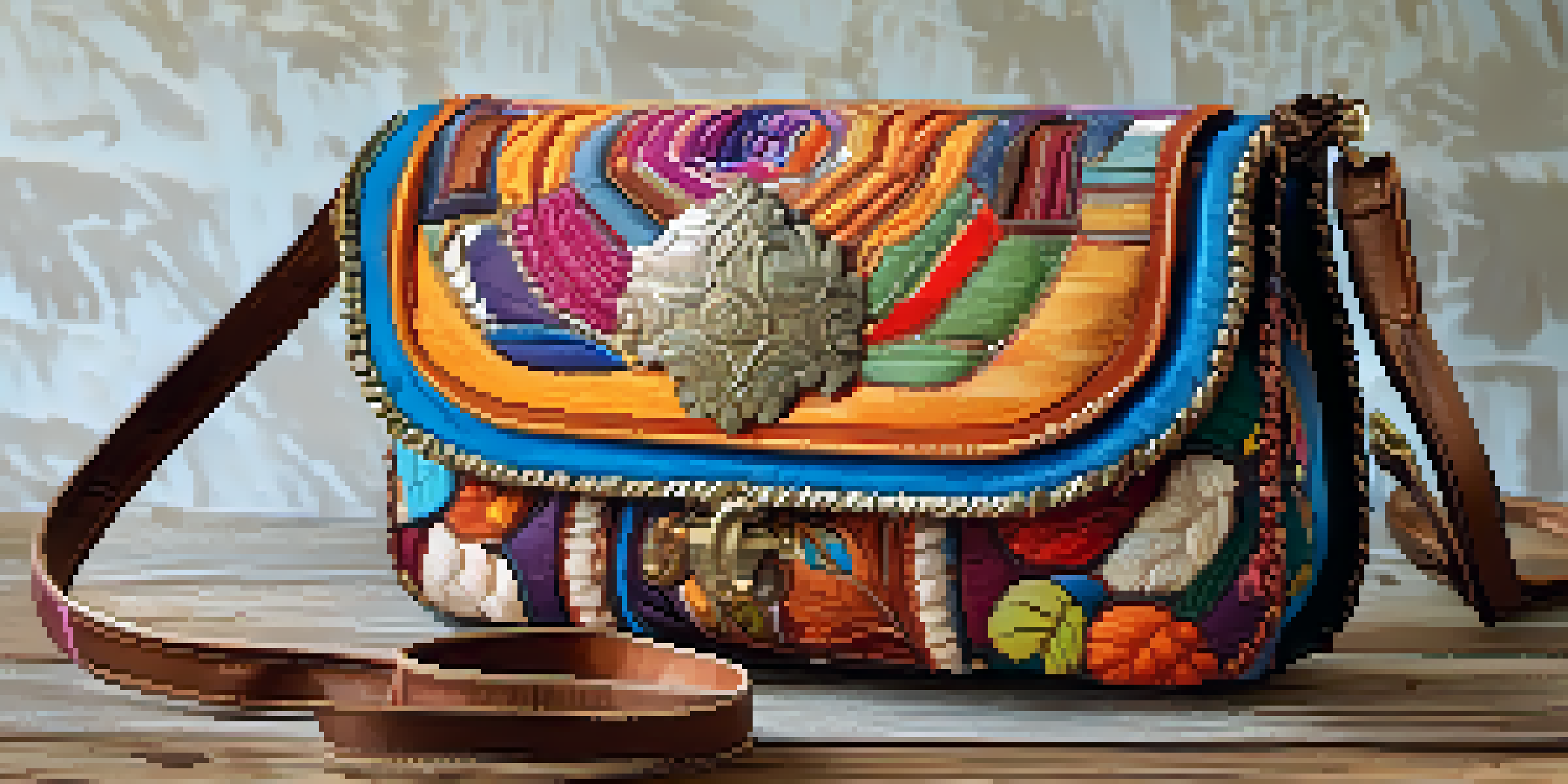 A close-up of a handbag made from upcycled materials, featuring vibrant colors and intricate details, placed on a rustic wooden table.