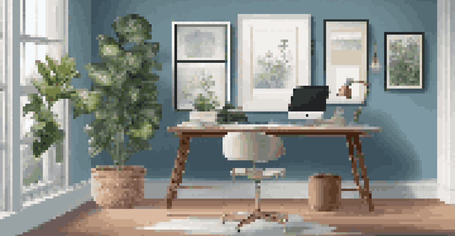 A modern home office with a standing desk, computer, stylish lamp, and an indoor plant, bathed in soft afternoon light.