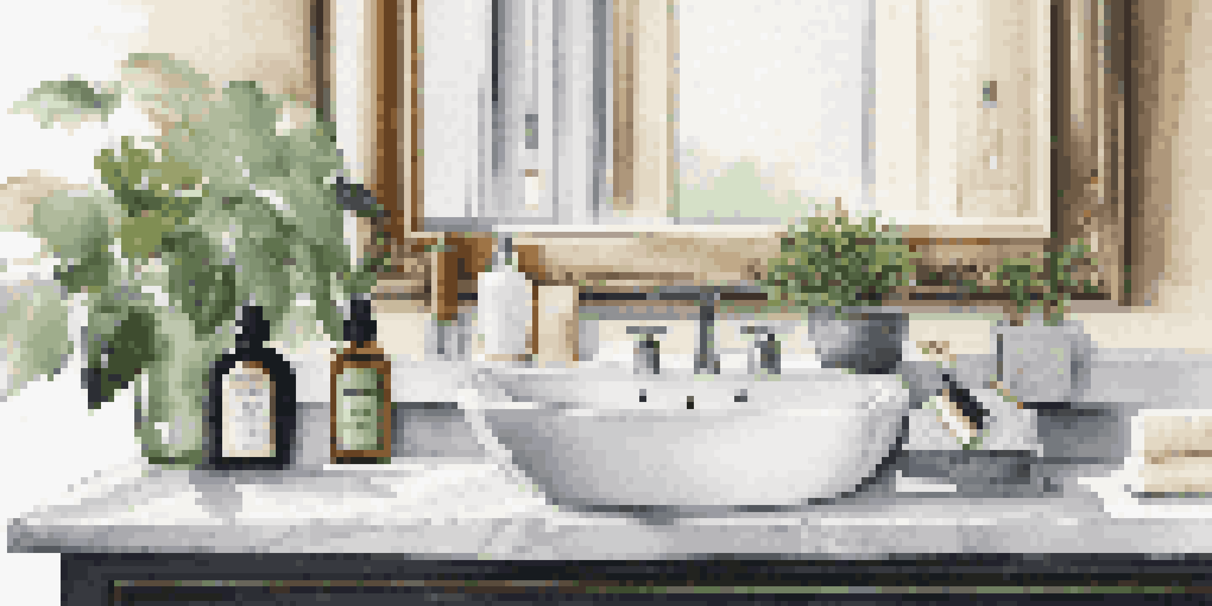 A luxurious bathroom setup with grooming products on a marble countertop, natural light, and a green plant.