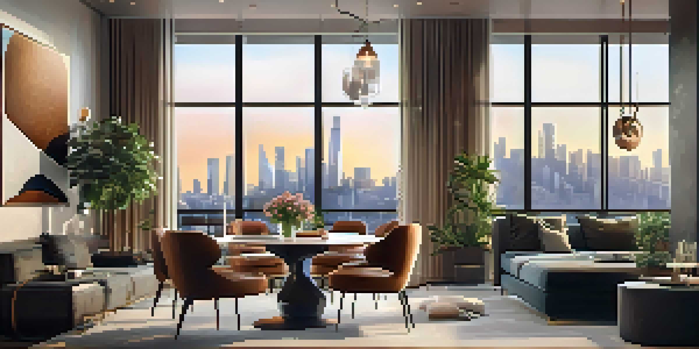 A modern urban apartment interior with city skyline views, stylish furniture, and warm lighting.