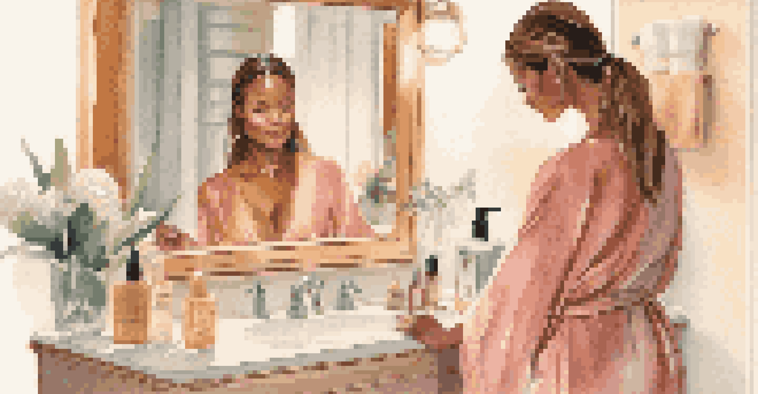 A woman applying luxury self-tanner in front of a vanity mirror with soft natural light, surrounded by various skincare products.
