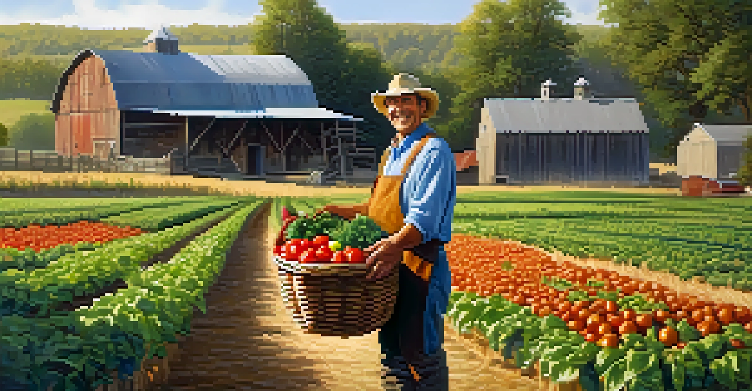 A local farmer showcasing a basket of fresh produce in a sunlit field with a barn in the background.