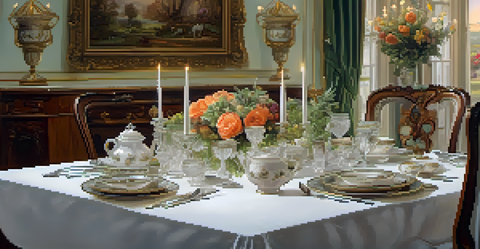 A beautifully arranged Victorian dining table with fine china, crystal glassware, and a floral centerpiece, ready for a multi-course meal.