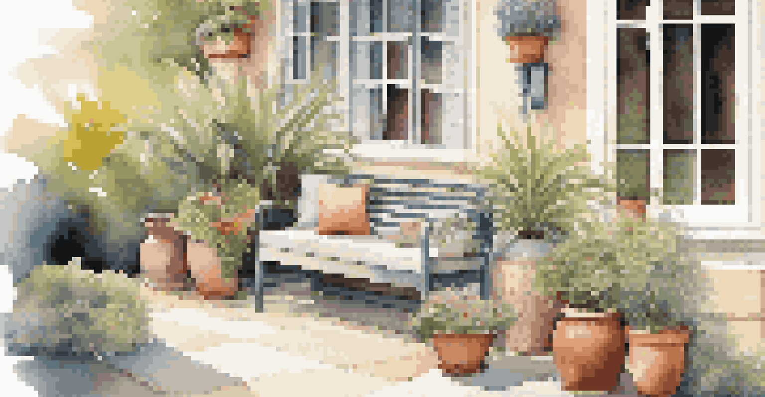 A patio with a stylish bench that doubles as storage for cushions, surrounded by colorful plants and bathed in soft afternoon light.