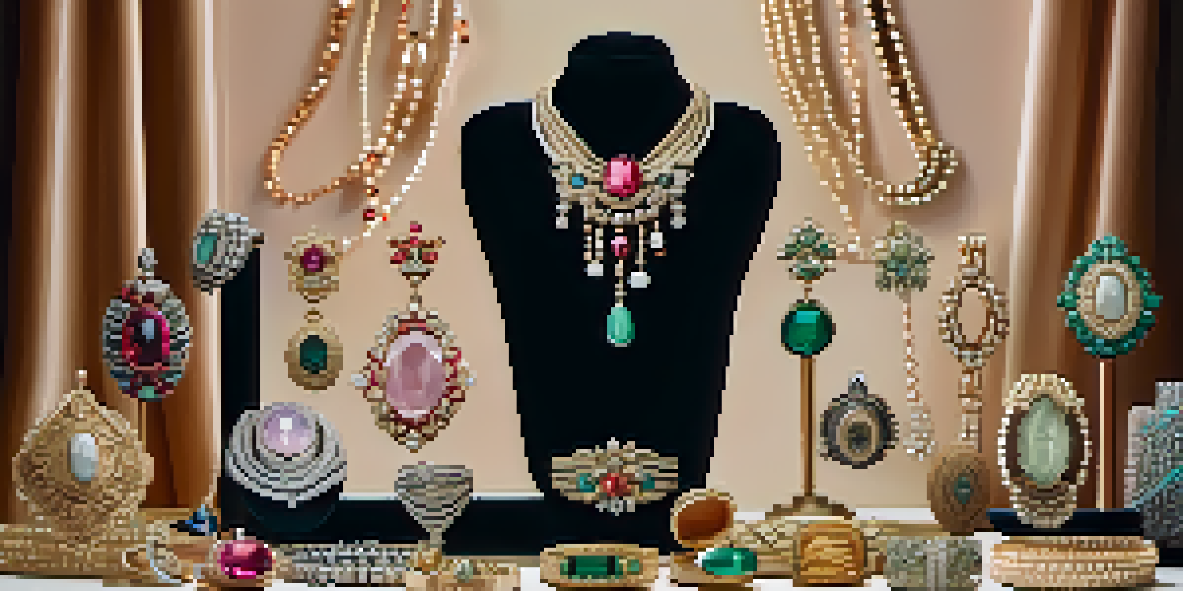 A close-up view of vintage jewelry including necklaces, bracelets, and rings displayed on a velvet background, illuminated by warm lighting.